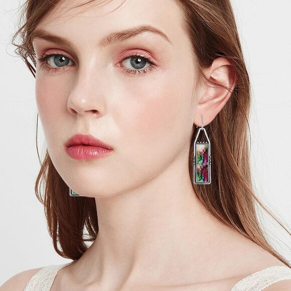 Red GreenHandmade Bohemian Tribal Retro Colorful Square Bar Dangle Drop Earring - Picture 3 of 6